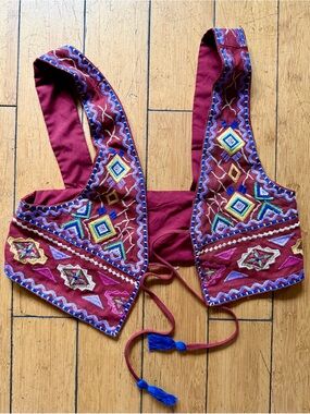 Commense Embroidered Maroon Folk Vest with Multicolor Accents